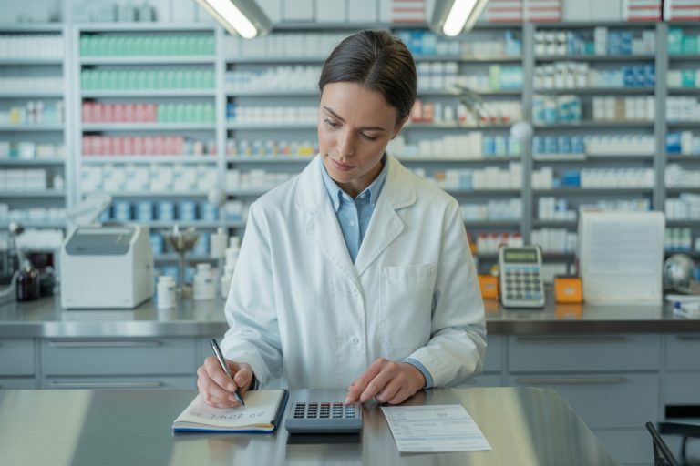 Préparateur en pharmacie vérifiant la nouvelle grille salariale avec calculette