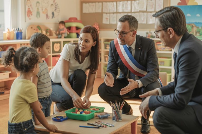 Maire observant assistante maternelle en classe maternelle avec enfants et directrice