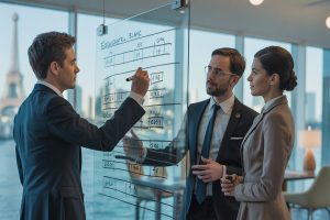 Conseiller trace allocation d actifs sur vitre dans showroom bancaire haut de gamme.