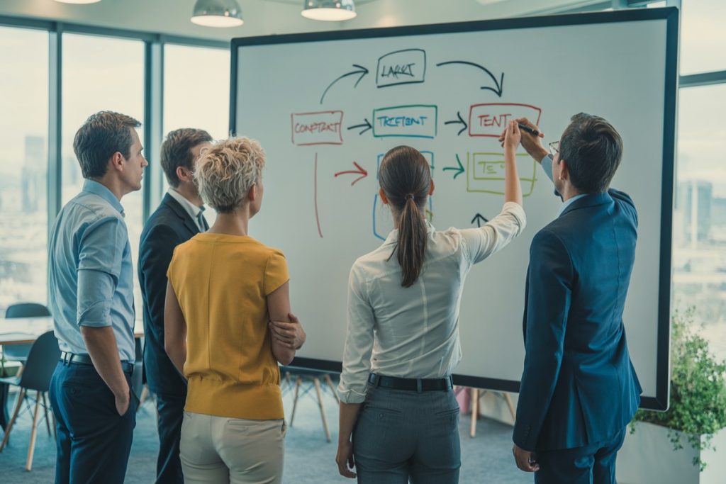 Salariés discutant autour d'un tableau blanc sur le transfert automatique du contrat