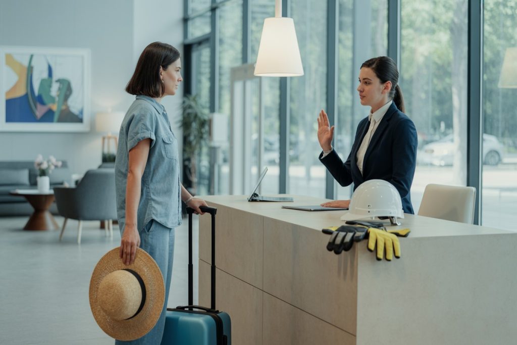 Employée en vacances refusée par agence intérim, casque posé sur comptoir