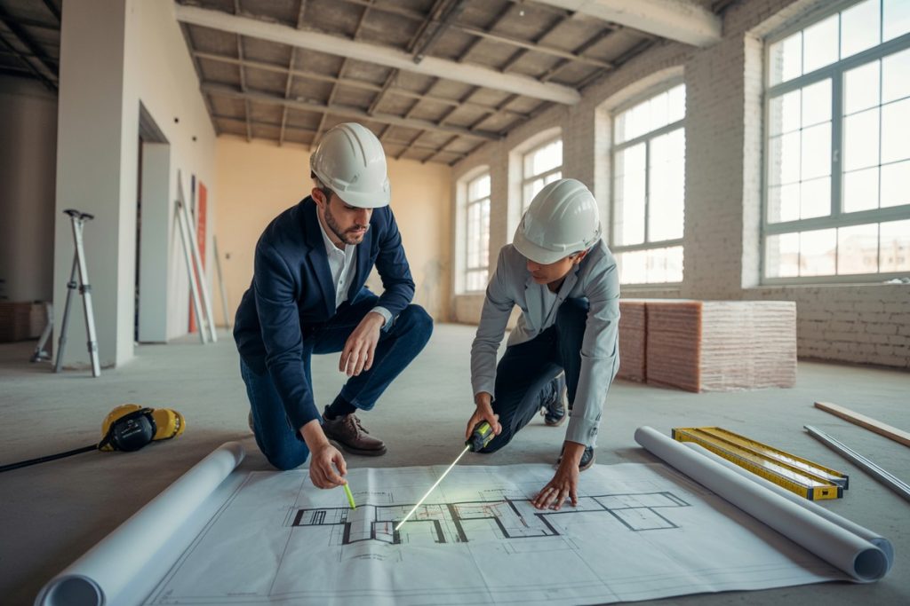 Professionnels annotant plan de rénovation dans loft lumineux en travaux pour option TVA