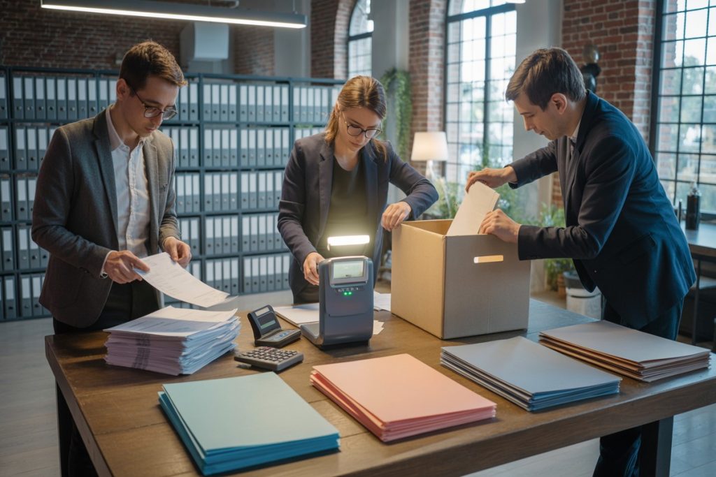 Trois professionnels trient factures et dossiers sur une grande table lumineuse