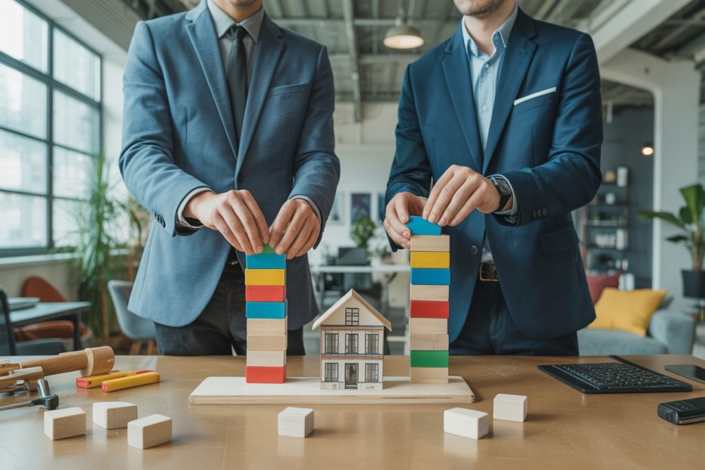 Investisseurs empilent blocs colorés illustrant taux de prélèvements sur revenu foncier