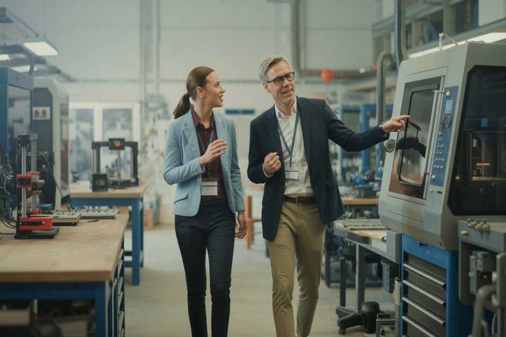 Manager présente l atelier high-tech au nouveau recruté pendant visite pré-embauche