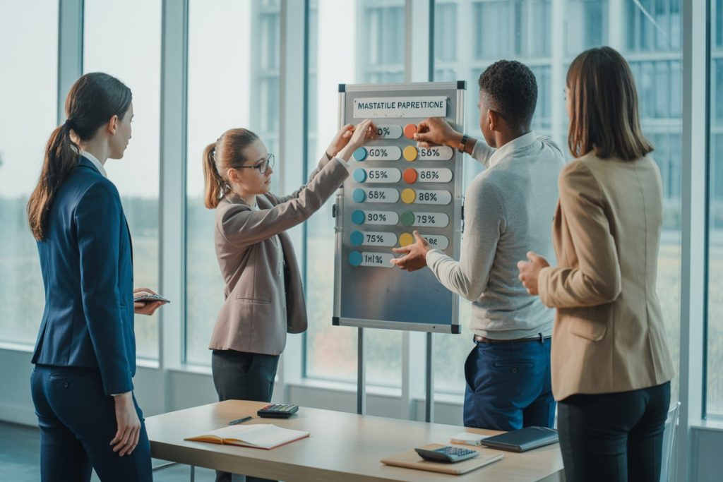 Apprenants manipulent magnets colorés sur tableau pour visualiser grilles salariales master alternance