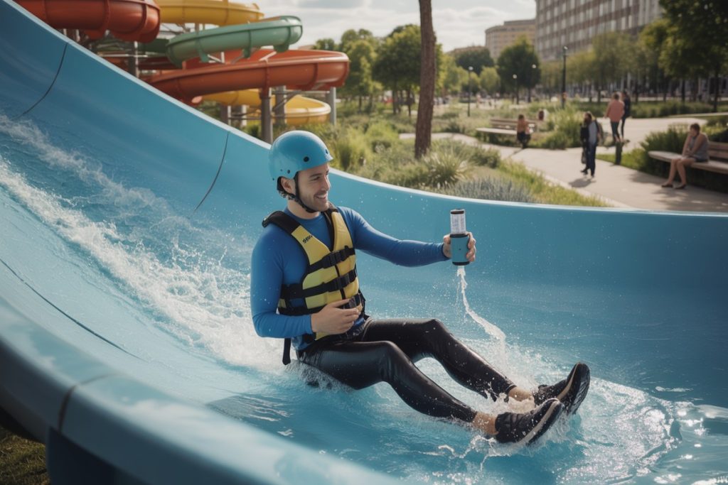 Professionnel testeur glissant sur grand toboggan aquatique pour mesurer debit d eau
