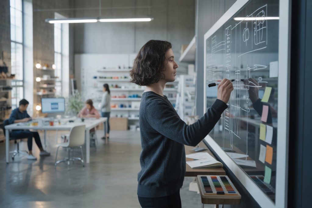 Professionnel concentré esquissant idées seul sur grand tableau blanc lumineux