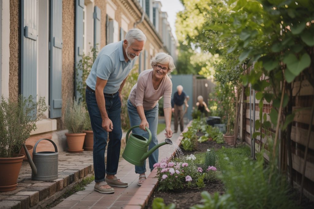 Couple de retraités jardinant paisiblement devant leur maison évoquant l’exonération de taxe foncière