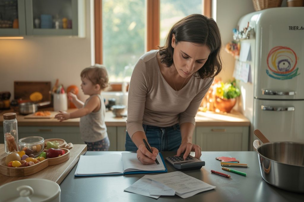 Parent calcule solde de tout compte nounou dans cuisine familiale ensoleillée
