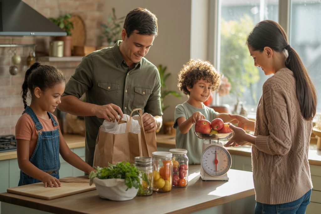 Famille rangeant et pesant des fruits frais dans une cuisine lumineuse moderne
