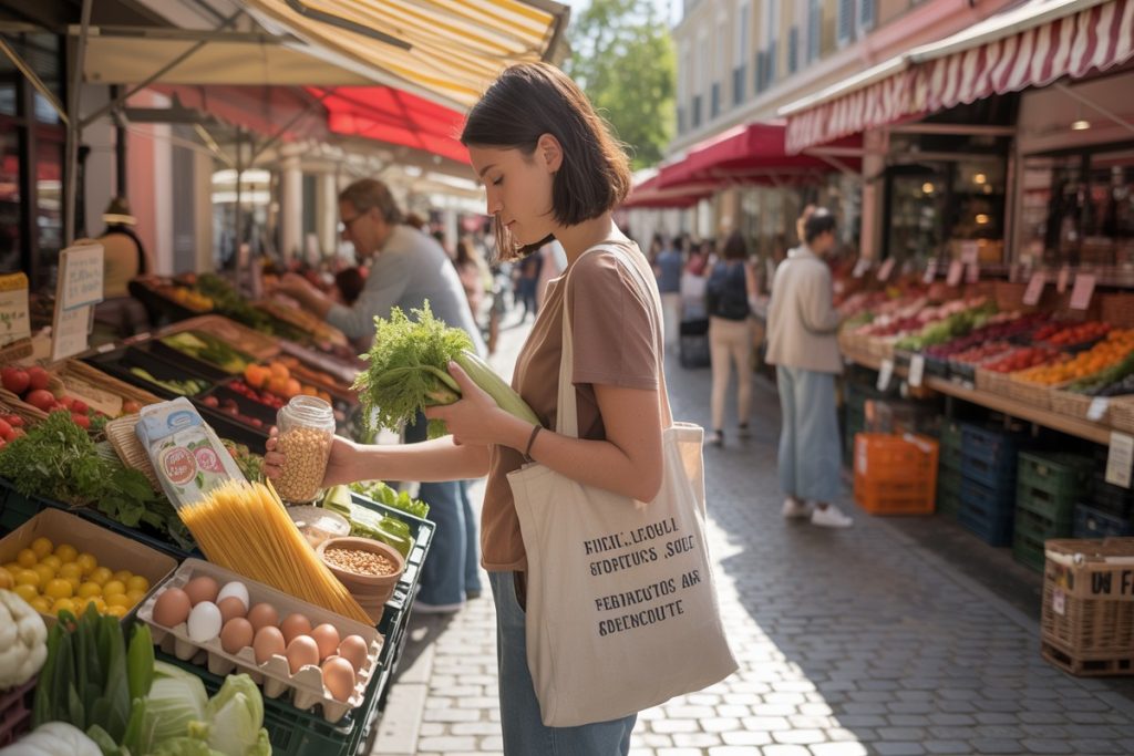 Personne choisissant des légumes frais au marché pour un budget alimentaire hebdomadaire équilibré