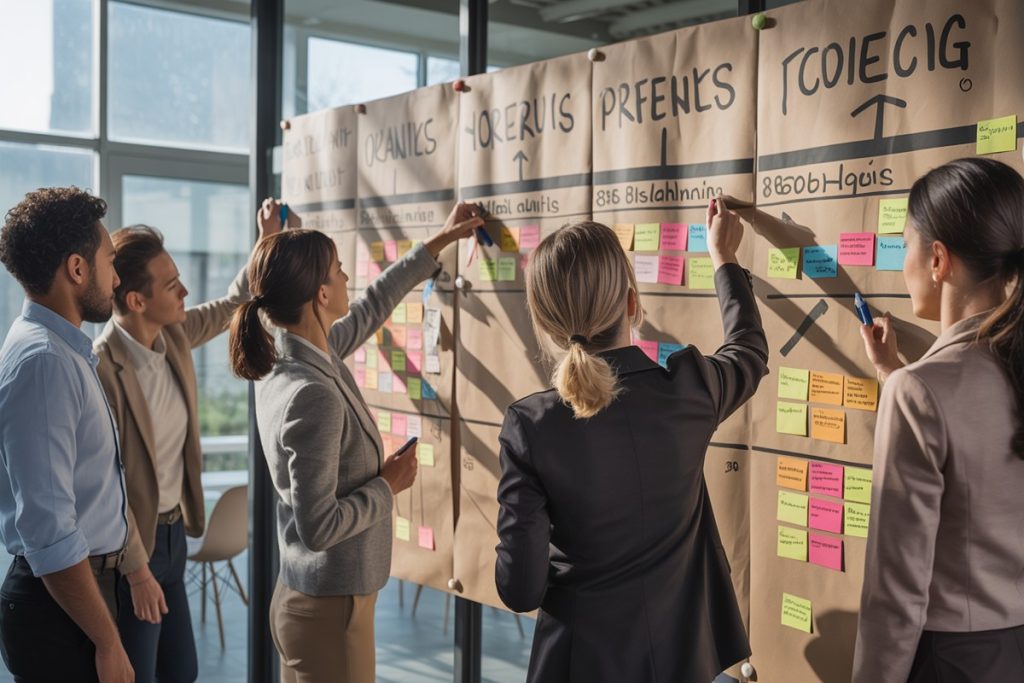 Cinq professionnels collent notes sur grande frise murale pour planifier le CAFERUIS