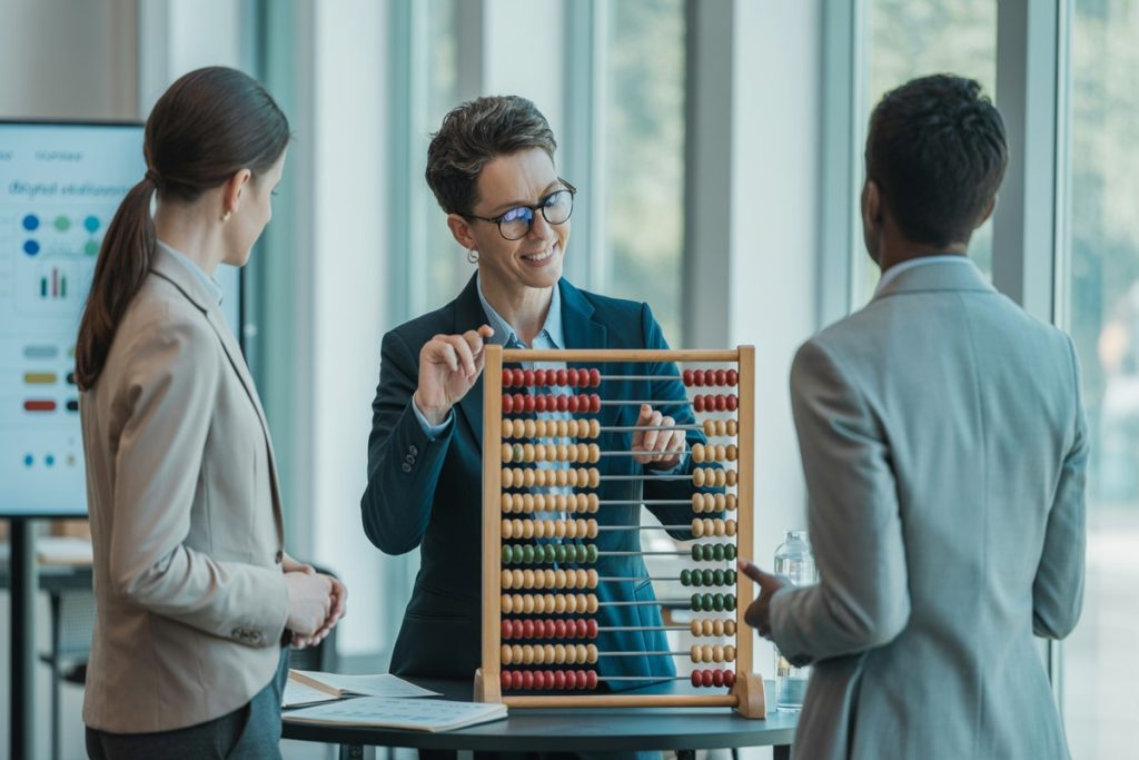 Spécialiste paie manipule grand boulier pour illustrer calcul heures supplémentaires exonérées