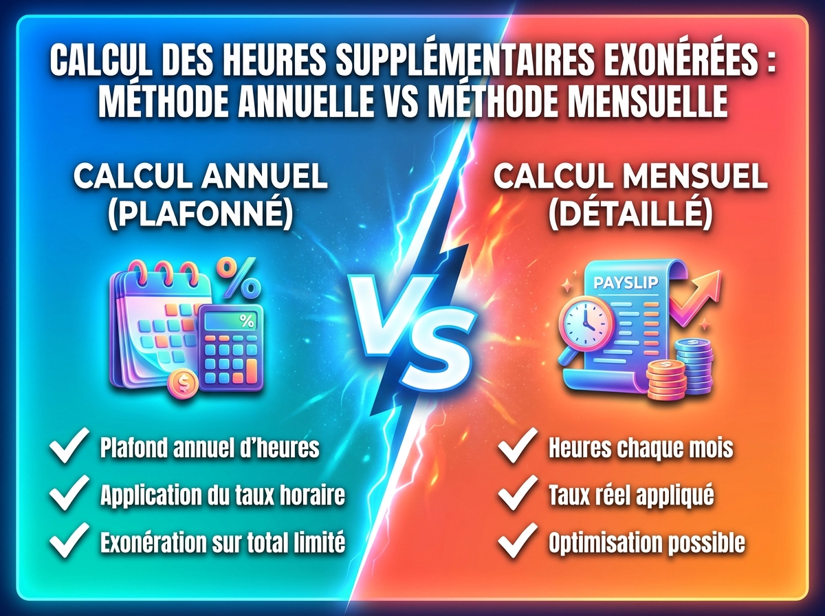 Infographie duel visual : Comment calculer les heures supplémentaires exonérées : guide 2024