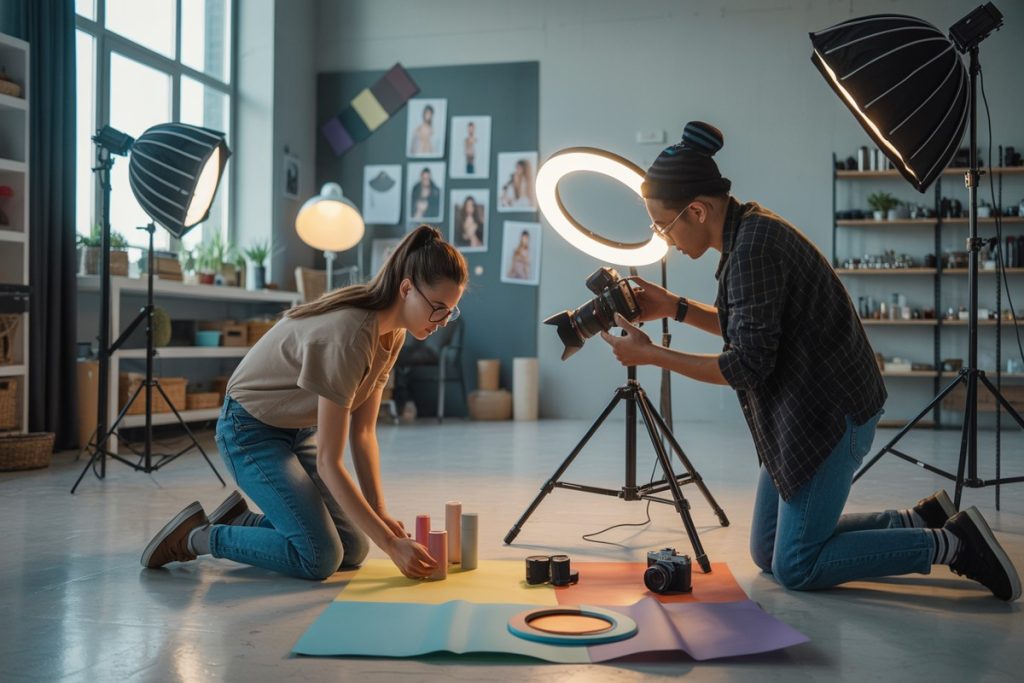 Deux créateurs ajustent un set photo professionnel pour Instagram dans un studio lumineux