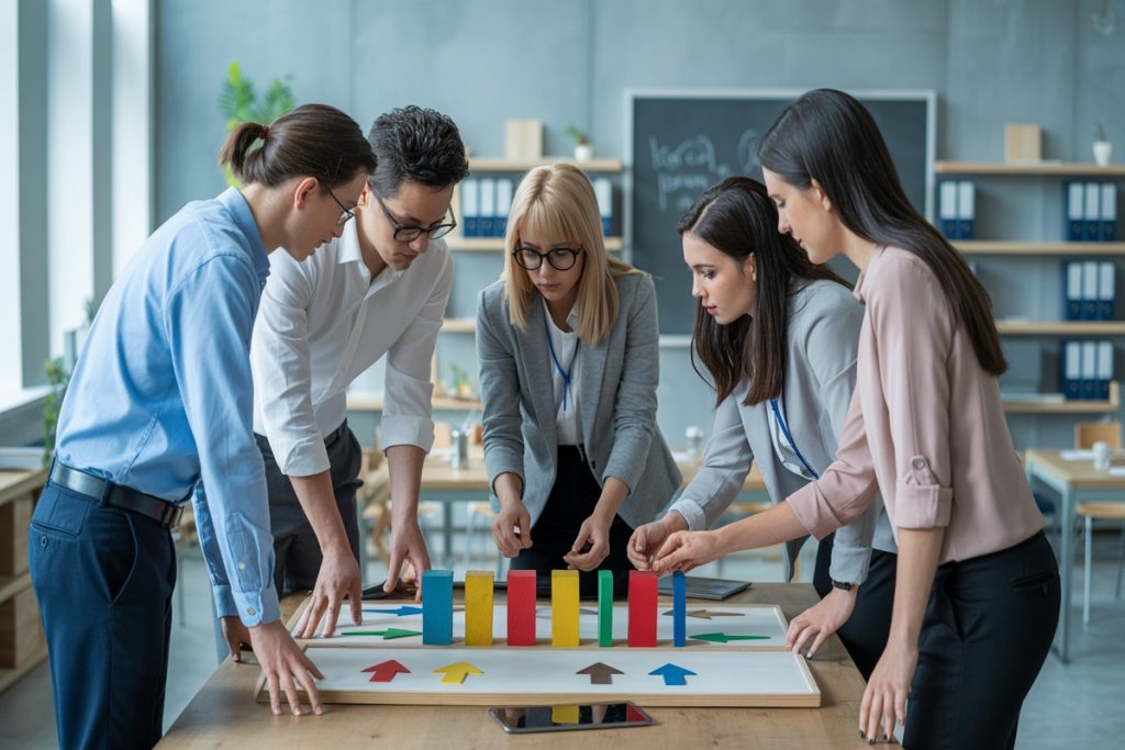 Stagiaires adultes construisent une maquette colorée du parcours MJPM dans une salle moderne lumineuse