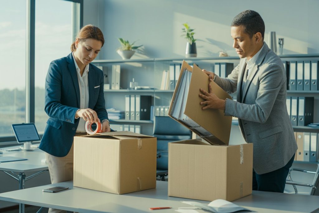 Deux associés rangent et scellent des cartons d’archives pour fermer leur SCI