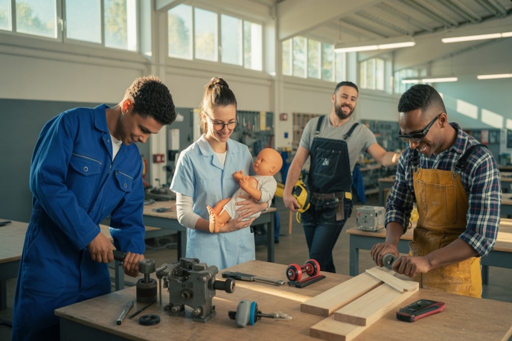 Apprentis MFR en action dans atelier polyvalent représentant divers métiers manuels