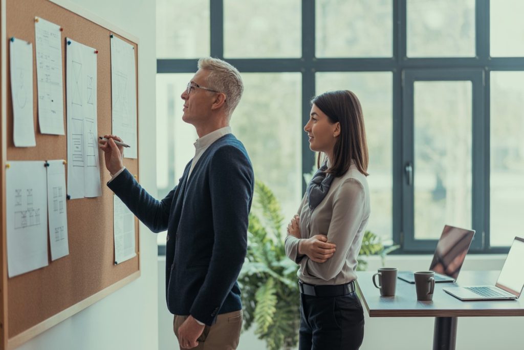 Tuteur annote des plans affichés avec un stagiaire réservé dans un espace coworking lumineux.