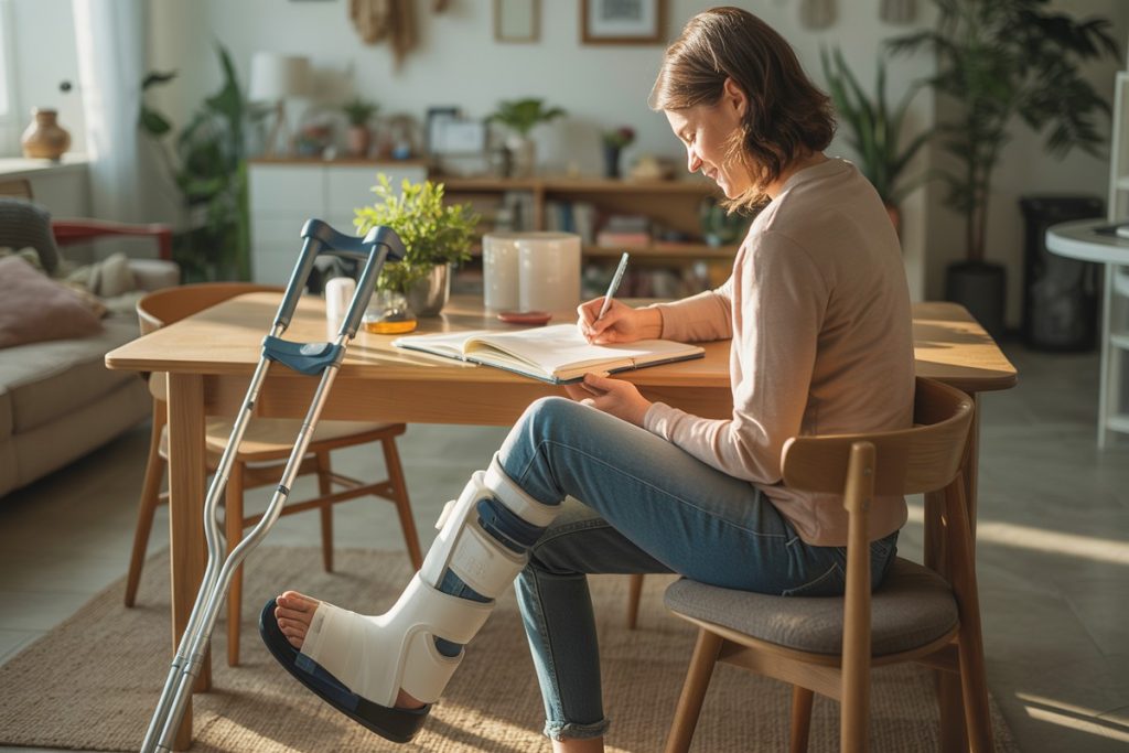 Employé à domicile écrivant, botte orthopédique et pied surélevé dans salon lumineux