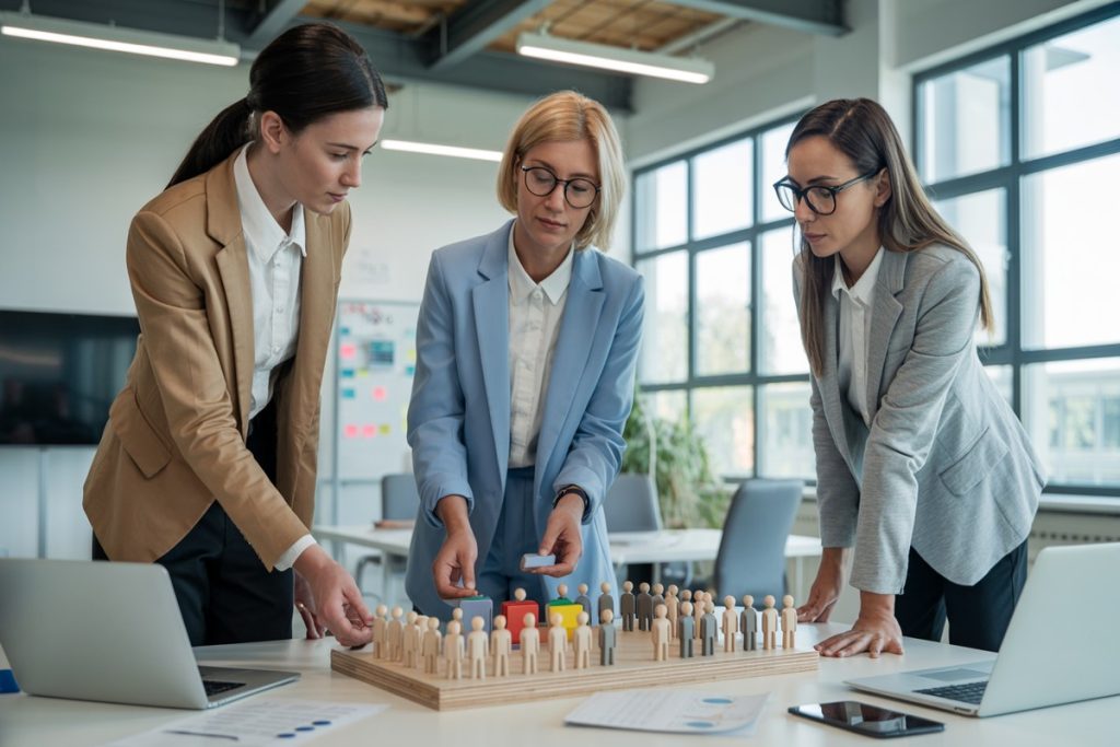 Professionnels RH réorganisant figurines sur tableau bois pour plan social en salle réunion lumineuse
