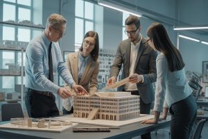 Dirigeant et repreneurs assemblent maquette, illustrant transmission OBO d'entreprise