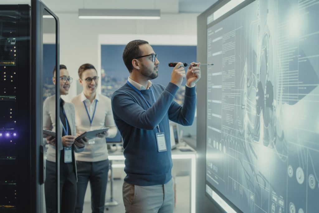 Ingénieur ajuste module sécurisé dans serveur PayPal Europe en laboratoire moderne