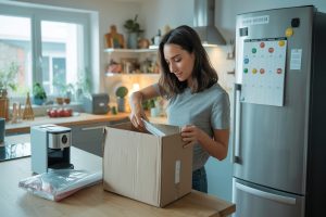 Déballage colis et planification échéances paiement Amazon sur calendrier cuisine