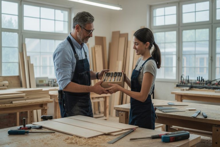 Mentor remet des outils à une apprentie dans un atelier de menuiserie lumineux