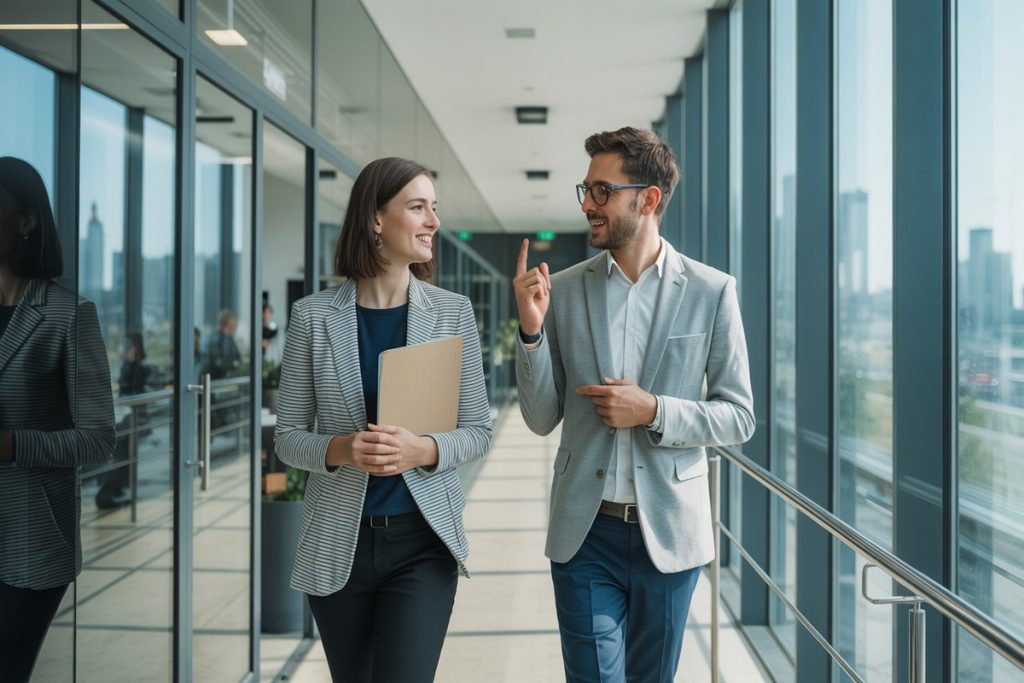 Deux entrepreneurs marchent dans un coworking dossier à la main cherchant recours ARCE