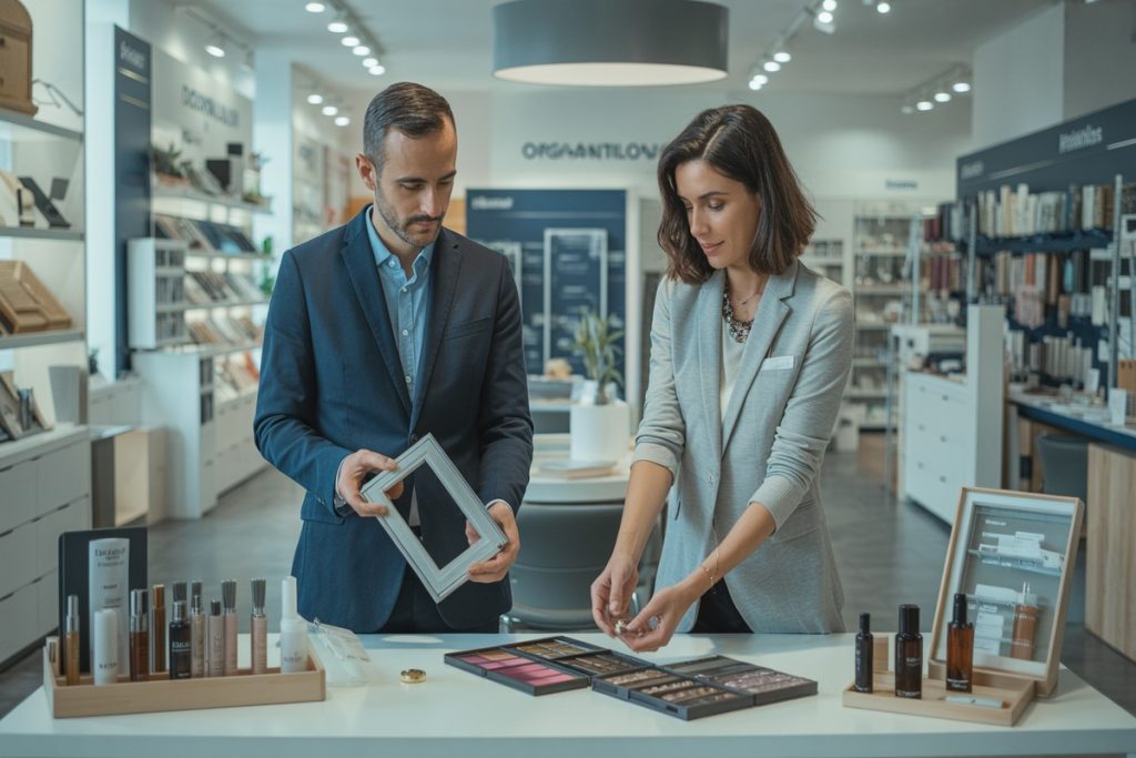 deux vendeurs vdi préparent échantillons habitat et cosmétiques dans showroom lumineux