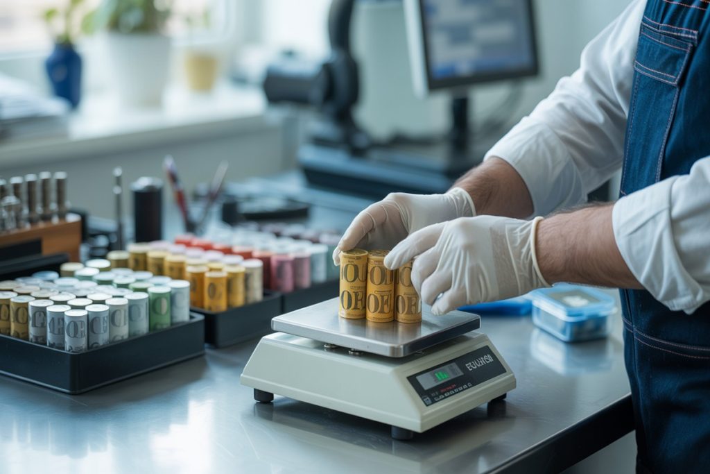 Mains pesant des rouleaux jaunes de pièces d'un euro sur balance