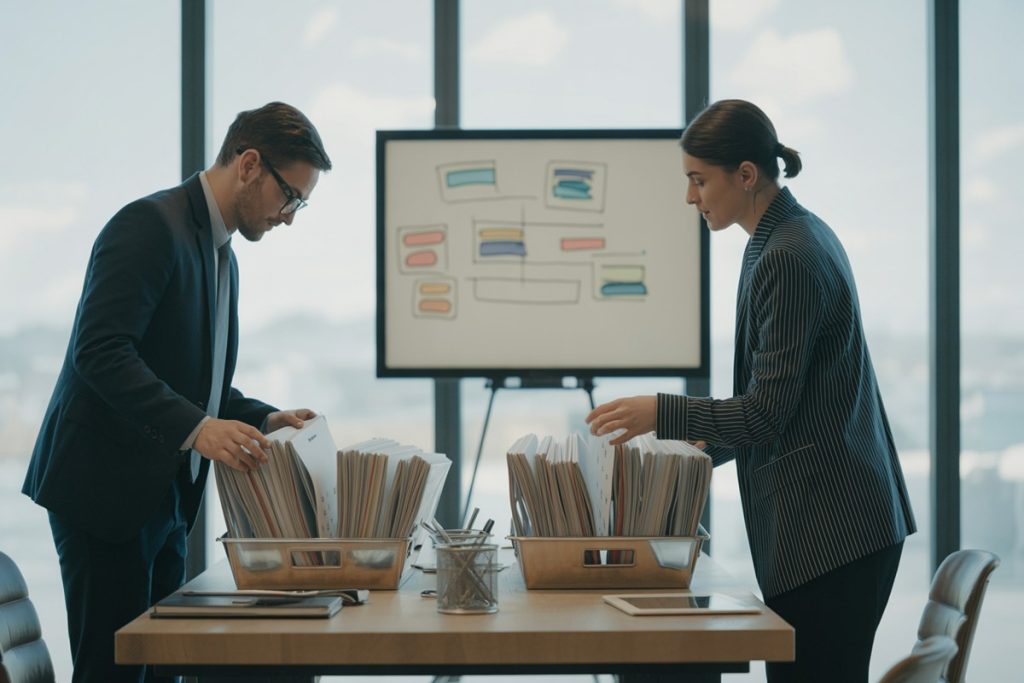 Conseillers fiscaux triant dossiers colorés sur table lumineuse pour illustrer RQTH impôts