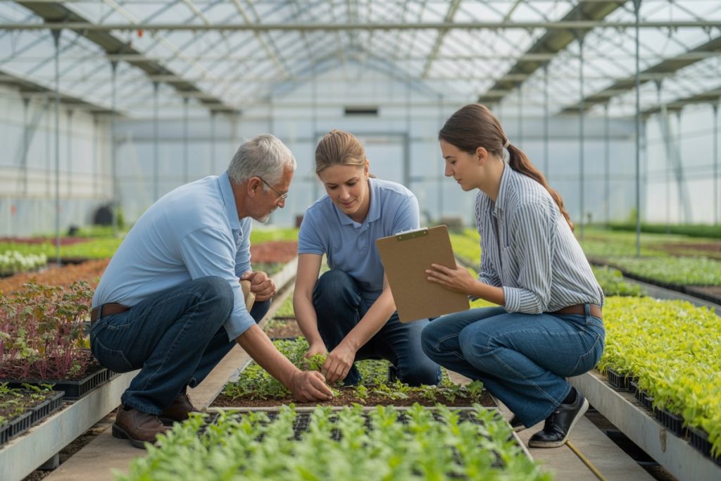 Trois agriculteurs générations différentes plantent des semis dans une serre lumineuse