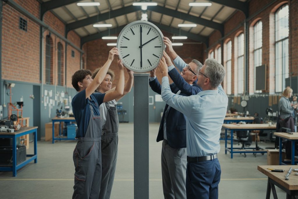 Équipe multigénérationnelle ajustant une grande horloge d'atelier dans hangar industriel