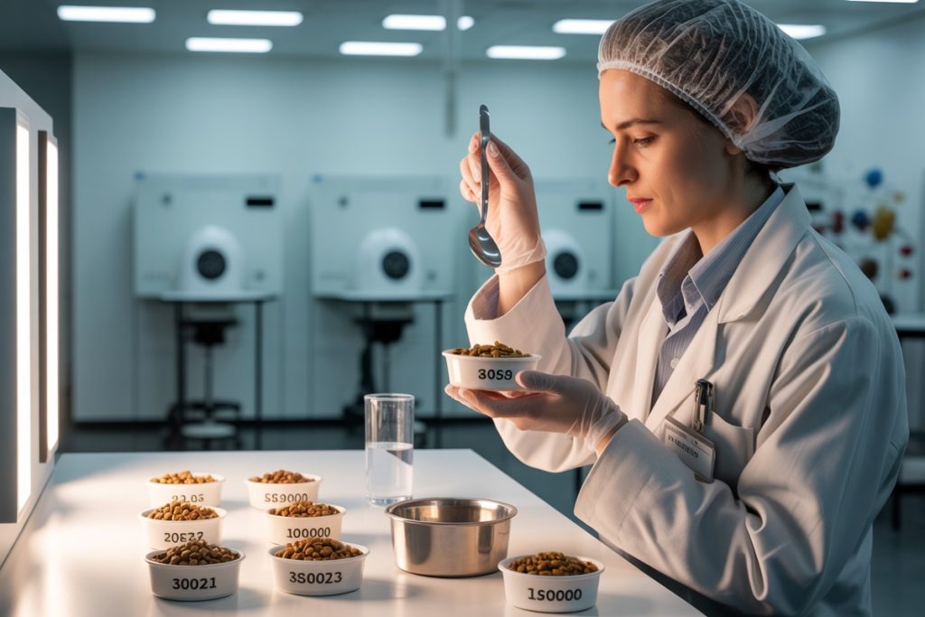 Scientifique en blouse analysant échantillons anonymes de croquettes dans un laboratoire sensoriel moderne