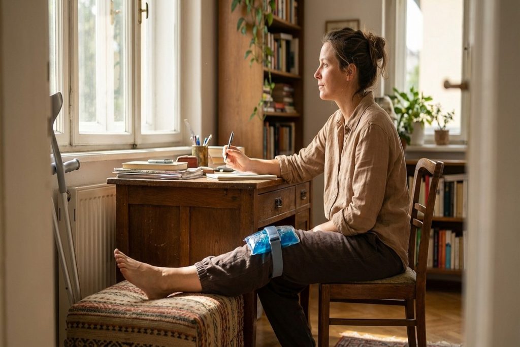 Femme en télétravail avec la jambe surélevée et une poche de glace sur le genou pour soulager une fissure du ménisque dans un bureau lumineux.