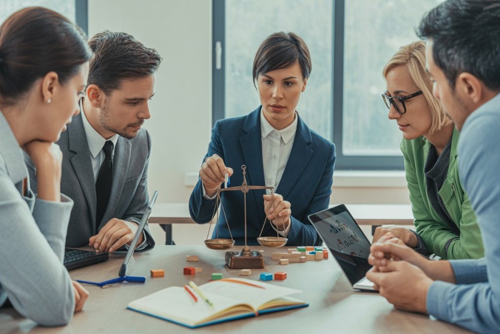 Instructeur démontre une moyenne pondérée avec balance et blocs colorés devant participants concentrés