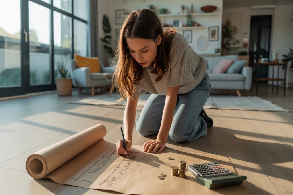 Personne trace chronologie financière sur grand papier kraft avec piles de pièces
