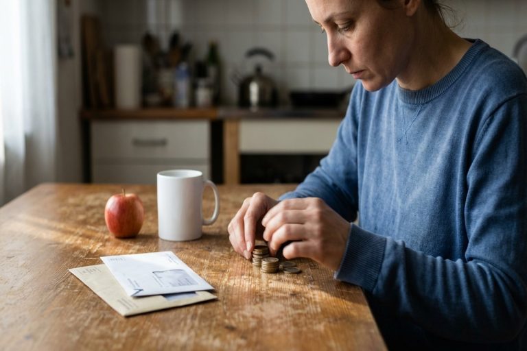 Femme à une table en bois comptant méticuleusement des pièces de monnaie à côté d'une tasse.