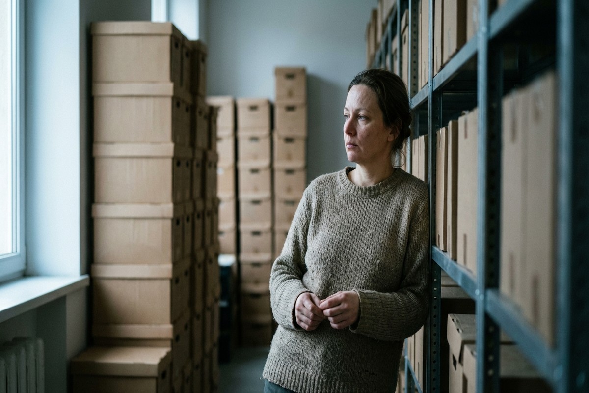 Jeune salariée pensive dans une archive, entourée de piles de cartons symbolisant la succession de contrats CDD.