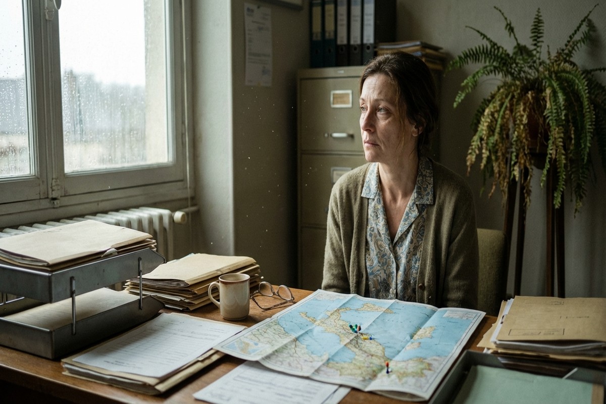 Une fonctionnaire songeuse à son bureau, une carte routière ouverte près de dossiers administratifs.