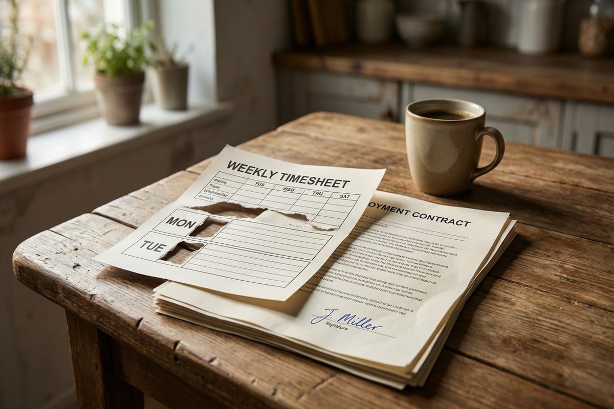 Un contrat de travail posé sur une table en bois sous un relevé d'heures où des jours ont été découpés.