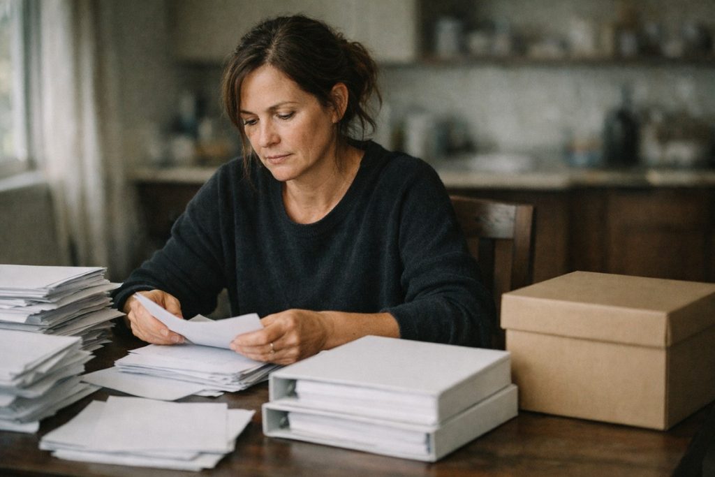 Une dirigeante en arrêt maladie, chez elle, organisant avec une concentration résignée des documents administratifs pour le dépôt de bilan de son entreprise.