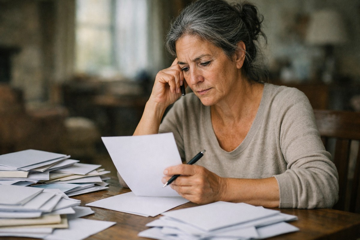 Femme veuve d'une soixantaine d'années triant des papiers de succession à sa table.