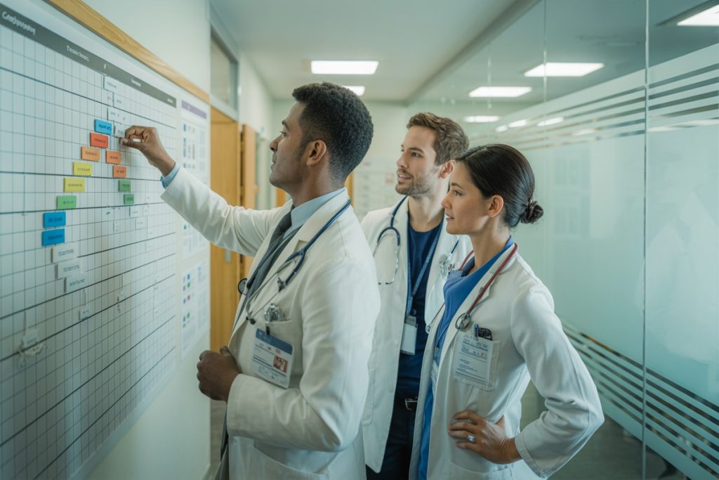 Médecins ajustant tableau de carrière hospitalière illustrant évolution salariale en 2024