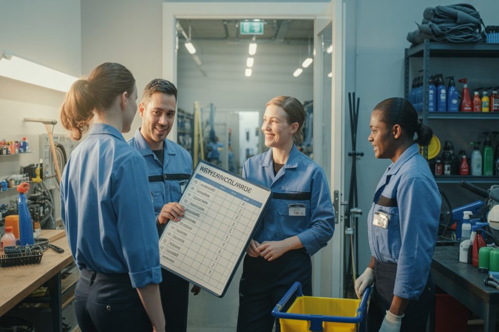 Agents de propreté en uniforme discutant la nouvelle grille salariale 2026 dans leur atelier
