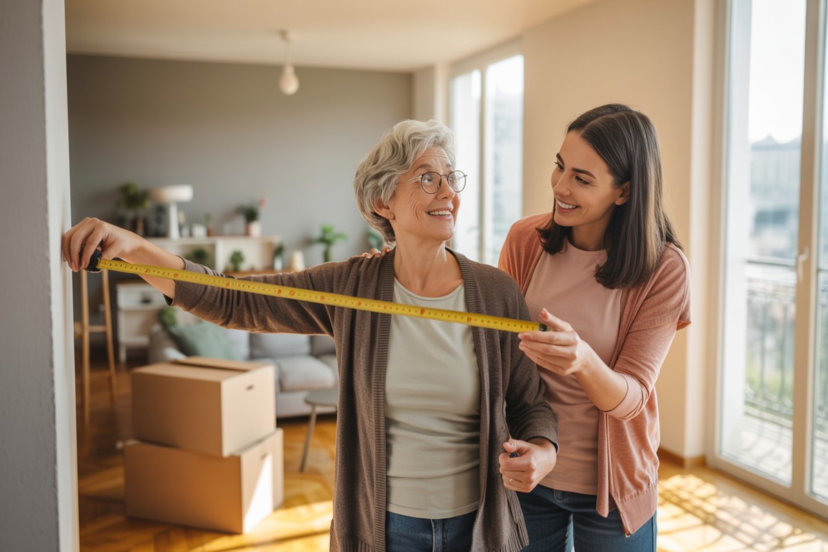Senior locataire mesure un mur d'appartement lumineux avec sa fille souriante