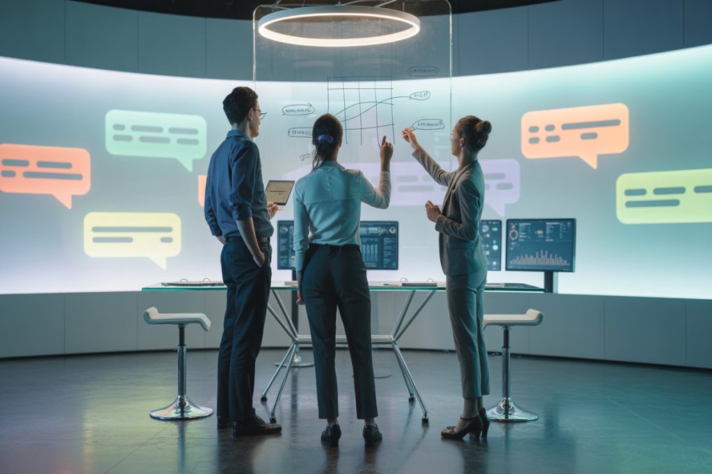 Stratèges esquissant flux de monétisation WhatsApp sur tableau verre high-tech